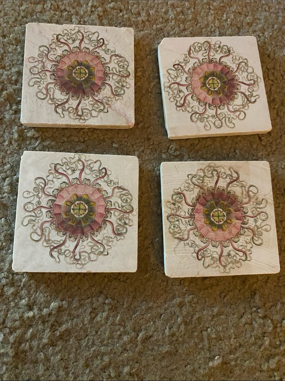 Set of 4 Decorative Floral Stone Coasters - Pink and Cream
